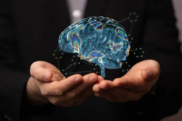 Male Hand Rendered Human Brain Innovation Inspiration Mind Concept — Foto Stock