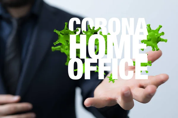 Rendered Green Coronavirus Cells Corona Home Office Text Man Hand — Foto Stock