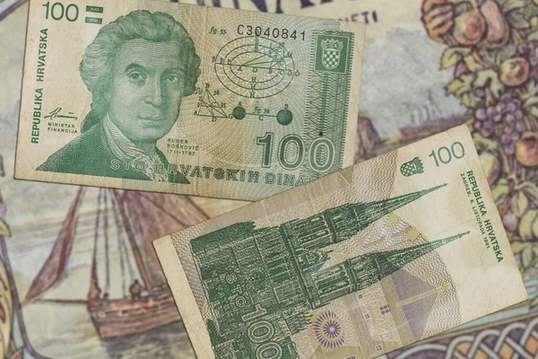 Una Vista Superior Los Billetes Dinar Croatas Principios Los — Foto de Stock
