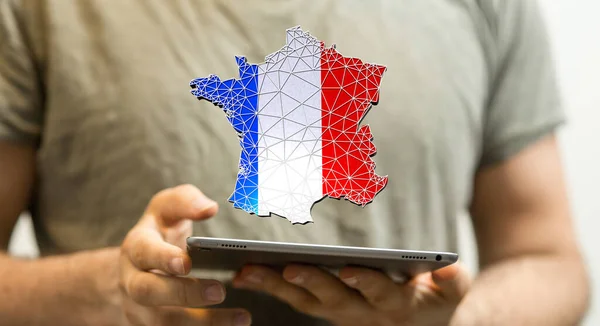 Rendering Digital Map France Floating Tablet Being Held Person — Φωτογραφία Αρχείου