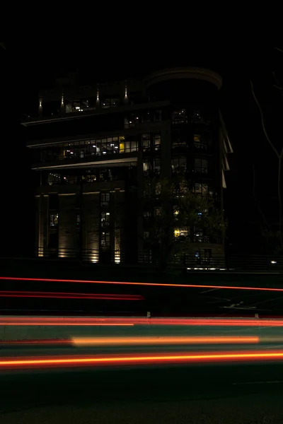Vertical Shot Light Trails Cars Street Building Night — Stock Photo, Image
