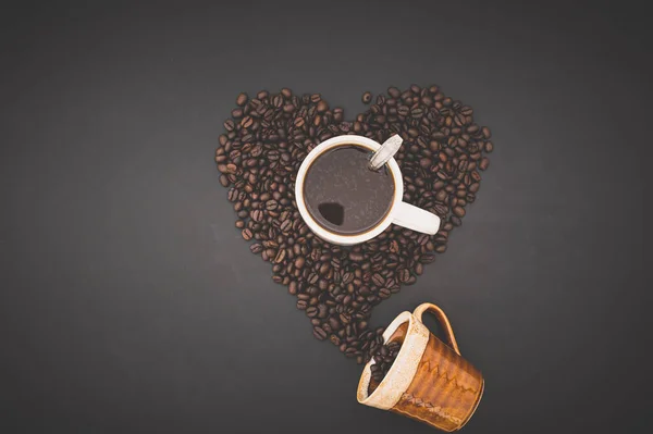 Top View White Mug Hot Coffee Coffee Beans Making Heart — Stock Photo, Image