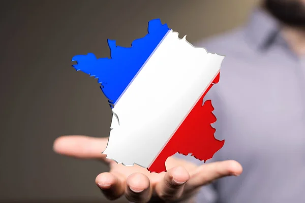 Male Hand Holding Rendered France Map Its Flag Colors — Φωτογραφία Αρχείου