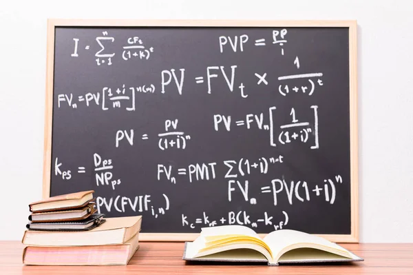 Study Desk Books Blackboard Equations Background — Stock Fotó