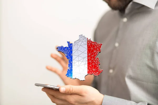 Rendering Digital Map France Floating Tablet Being Held Person — Stockfoto