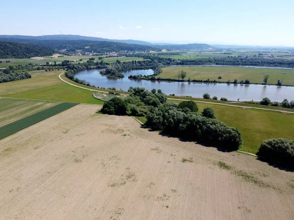 Aerial View River Surrounded Agricultural Fields — Stock fotografie