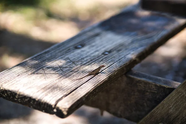 Fából Készült Asztal Homályos Háttérrel — Stock Fotó