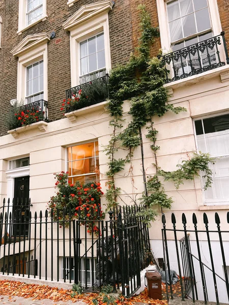 Edificio Blanco Con Plantas Verdes Flores Rojas Las Calles Londres — Foto de Stock