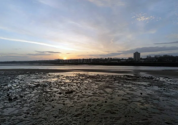 Una Vista Aérea Del Amanecer Río Mersey Palomitas — Foto de Stock