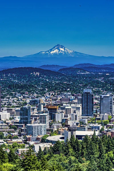 Pionowe Ujęcie Miejskiego Krajobrazu Portland Oregon Zaśnieżonym Mount Hood Dystanie — Zdjęcie stockowe