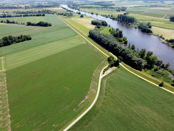 Aerial View River Surrounded Agricultural Fields — Foto Stock