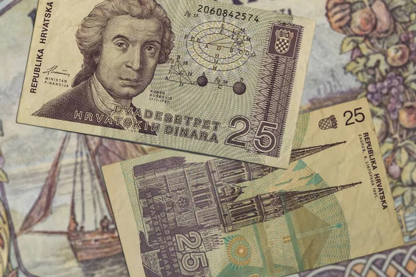 Una Vista Dall Alto Delle Banconote Dinaro Croato Dei Primi — Foto Stock