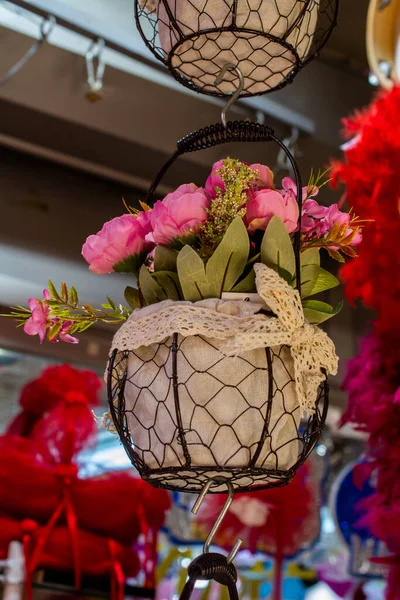 Bouquet Beautiful Pink Flowers Hanging Vase Outdoors — Fotografia de Stock