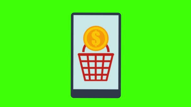 Smartphone Shopping Cart Isolated Green Background — Stock Video