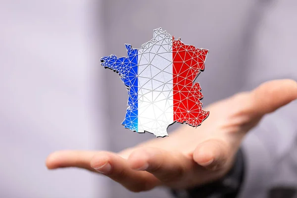 Male Hand Holding Rendered France Map Its Flag Colors — Stok fotoğraf