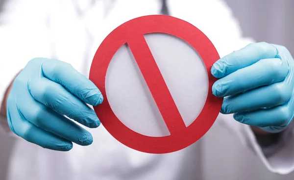 Doctor Blue Gloves Holding Rendered Red Stop Icon — Stock fotografie