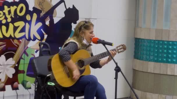 Young Woman Playing Guitar Living Room — Vídeos de Stock