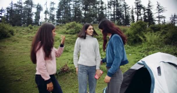 Group Female Friends Hiking Forest Taking Photos Together — 비디오