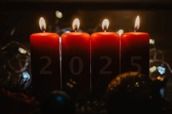 Four Red Advent Candles 2025 Figures Them Christmas Decorations Lying — Stockfoto