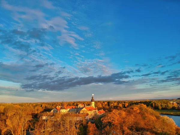 Aerial Panoramic Shot Small Town Autumn — Stock Photo, Image