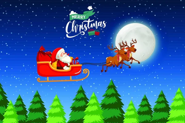 Feliz Cartão Natal Com Papai Noel Deve Montar Trenó — Vetor de Stock