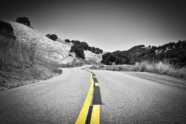 Grayscale Shot Rural Road Yellow Lines — Stock Photo, Image