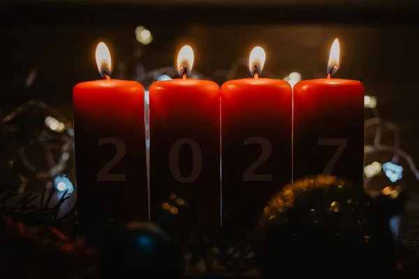 Four Red Advent Candles 2027 Figures Them Christmas Decorations Lying — Stockfoto