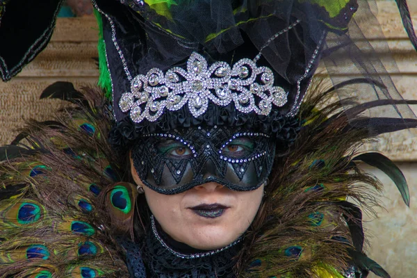 Venezia Italy Mar 2019 Closeup Shot Woman Pavo Costume Carnival — стоковое фото