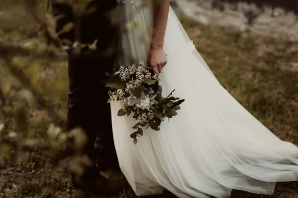 新娘和新郎手牵着森林的背景 — 图库照片