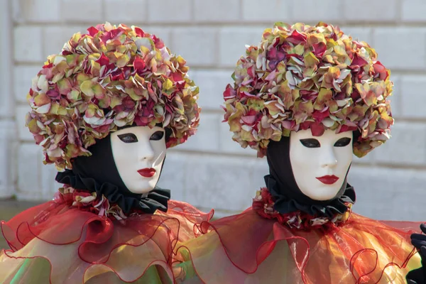 Venezia Italy Mar 2019 Closeup Shot Twins Celebrating Carnival Floral — стокове фото