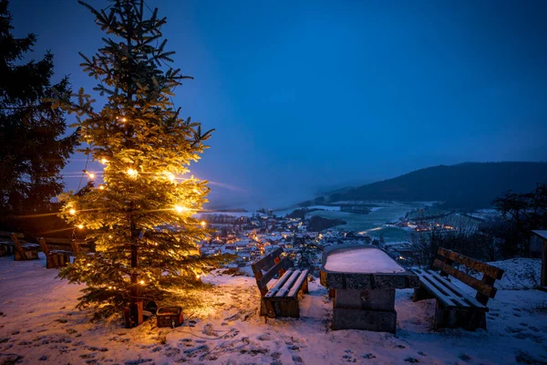 Wald Bayern Winter Mit Blauem Nebel Abend Mit Nebel Und — Foto de Stock