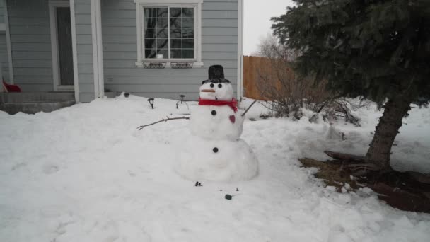 Χειμερινό Τοπίο Τον Χιονάνθρωπο Στην Πίσω Αυλή Του Σπιτιού Χριστουγεννιάτικο — Αρχείο Βίντεο