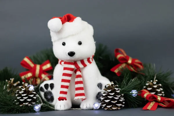 Christmas Toy Bear Agains Gray — Stock Photo, Image