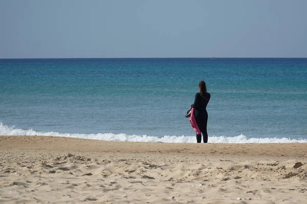 Woman Walks Beach Shores Mediterranean Sea North Israel — Stock Photo, Image