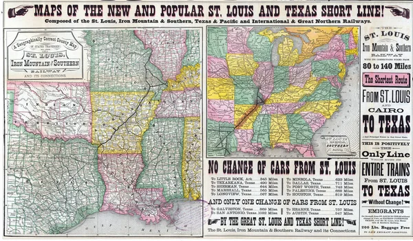 セントルイスとテキサスの短いラインの2つの古い詳細なヴィンテージマップ — ストック写真