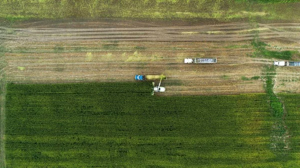 农场联合收割机的航拍图 — 图库照片