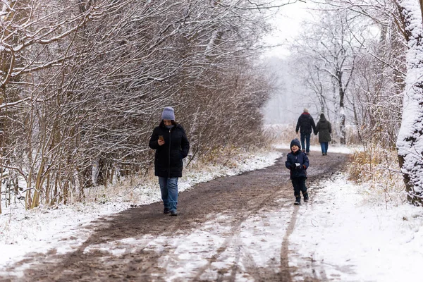 Άνθρωποι Περπατούν Στο Πάρκο Χειμώνα — Φωτογραφία Αρχείου