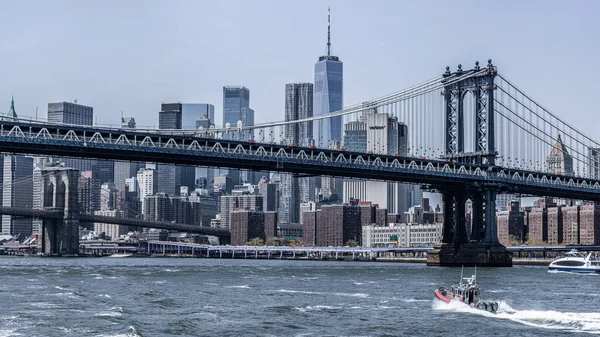 Nova Iorque Manhattan Skyline Cidade Com Ponte Brooklyn Céu Azul — Fotografia de Stock