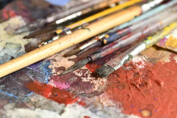 Brushes Canvas Oil Paints Palette — Stock Photo, Image