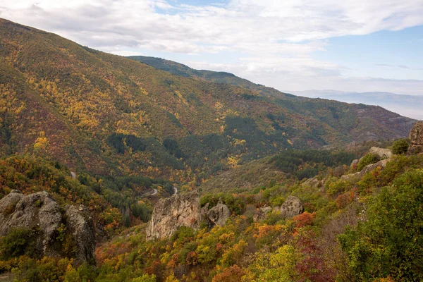 Красивый Осенний Пейзаж Деревьями Горами — стоковое фото