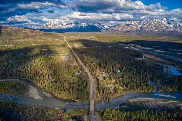 An aerial view of Cantwell, Alaska during summer