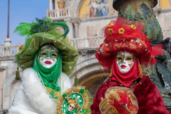 Venezia Italy Mar 2019 Selective Masked Women Carnival Front Church — стокове фото