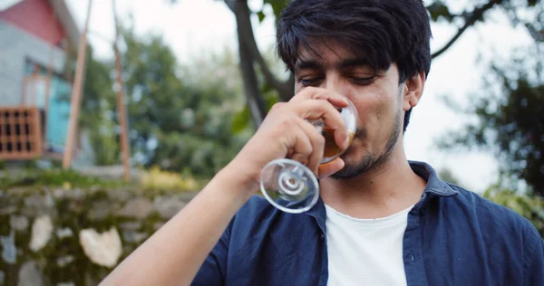 South Asian Male Drinking Wine Glass Outdoors — 图库照片