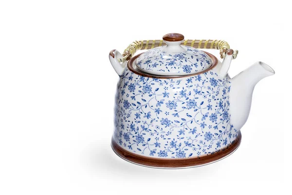 Antique Porcelain Kettle Blue Ornaments Isolated White Background — стоковое фото