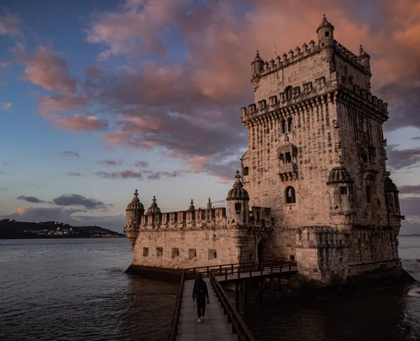 Wieża Belem Zachodzie Słońca Lizbona Portugalia — Zdjęcie stockowe
