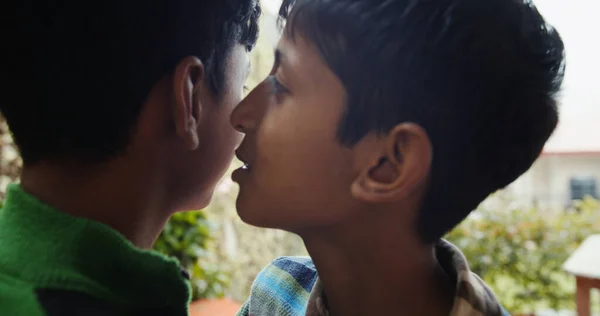 Close Shot South Asian Boy Whispering Something His Brother — Foto de Stock