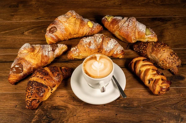 Sweet Croissants Cream Cappuccino Wooden Surface — Stock Photo, Image