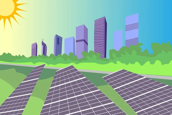 Rendering Solar Panels Green Field City Sunny Blue Sky — Foto de Stock