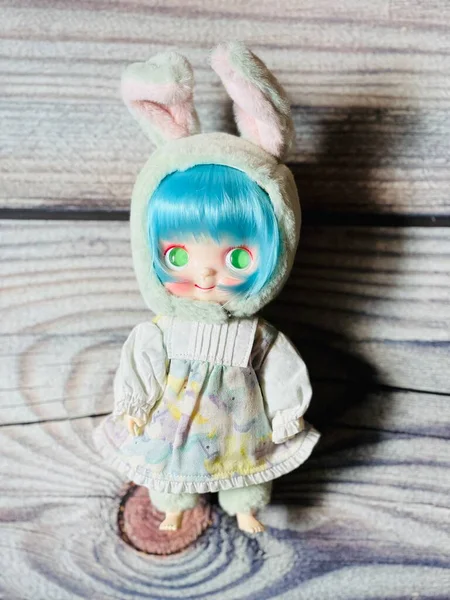 Rabbit Doll Wooden Background — Stock Photo, Image