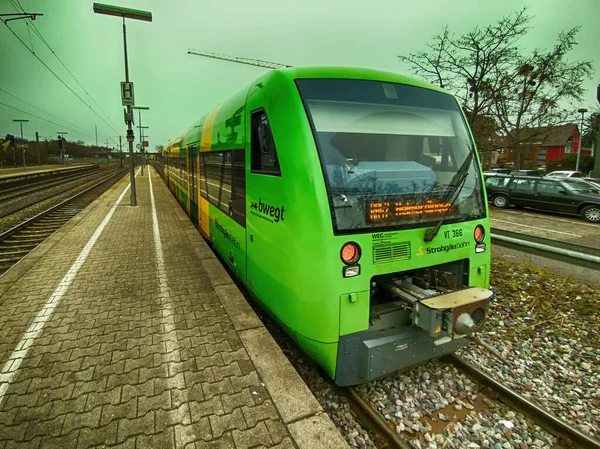 Korntal Germany December 2021 Train Stattion Green Yellow Strohgaeubahn Which — Zdjęcie stockowe